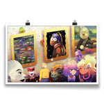 A poster on a white background. The poster is an illustration of different characters from Drawfee looking at paintings in a museum. From Drawfee.
