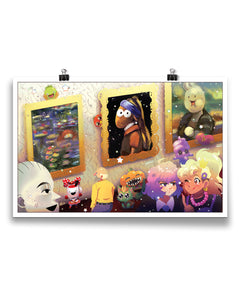 A poster on a white background. The poster is an illustration of different characters from Drawfee looking at paintings in a museum. From Drawfee.