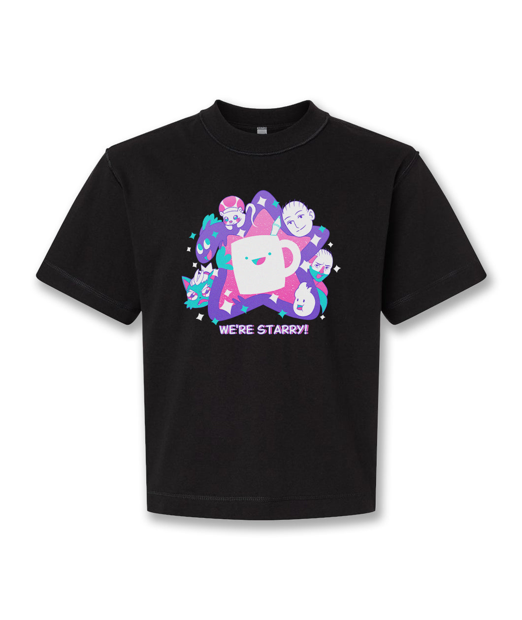 A black shirt with a design printed on the front. The design features smiling cast and characters from Drawfee surrounding a large pink star with the Drawfee logo in the center. Below the illustration is text that reads, "We're Starry!" From Drawfee.