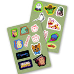A set of two sticker sheets. Each sticker sheet has a green background and features 9-10 sticker of character illustrations from Drawfee.