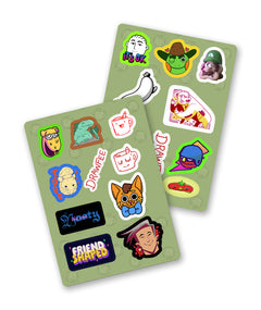 A set of two sticker sheets. Each sticker sheet has a green background and features 9-10 sticker of character illustrations from Drawfee.