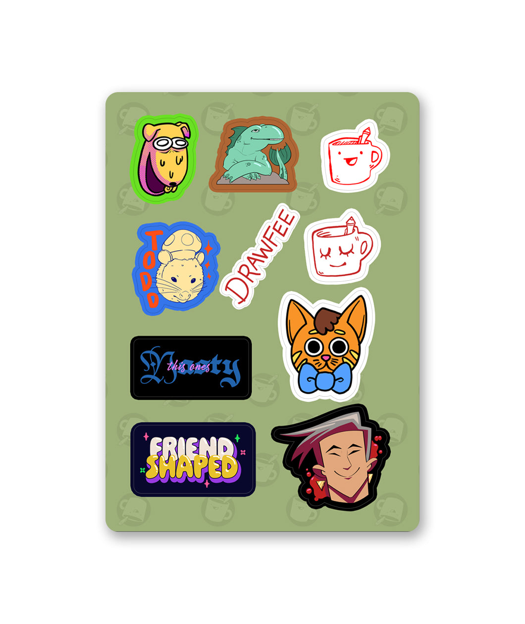 A sticker sheet that features 10 sticker designs and illustrations. The illustrations range from characters to silly phrases. From Drawfee.