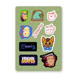 A sticker sheet that features 10 sticker designs and illustrations. The illustrations range from characters to silly phrases. From Drawfee.