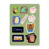 A sticker sheet that features 10 sticker designs and illustrations. The illustrations range from characters to silly phrases. From Drawfee.