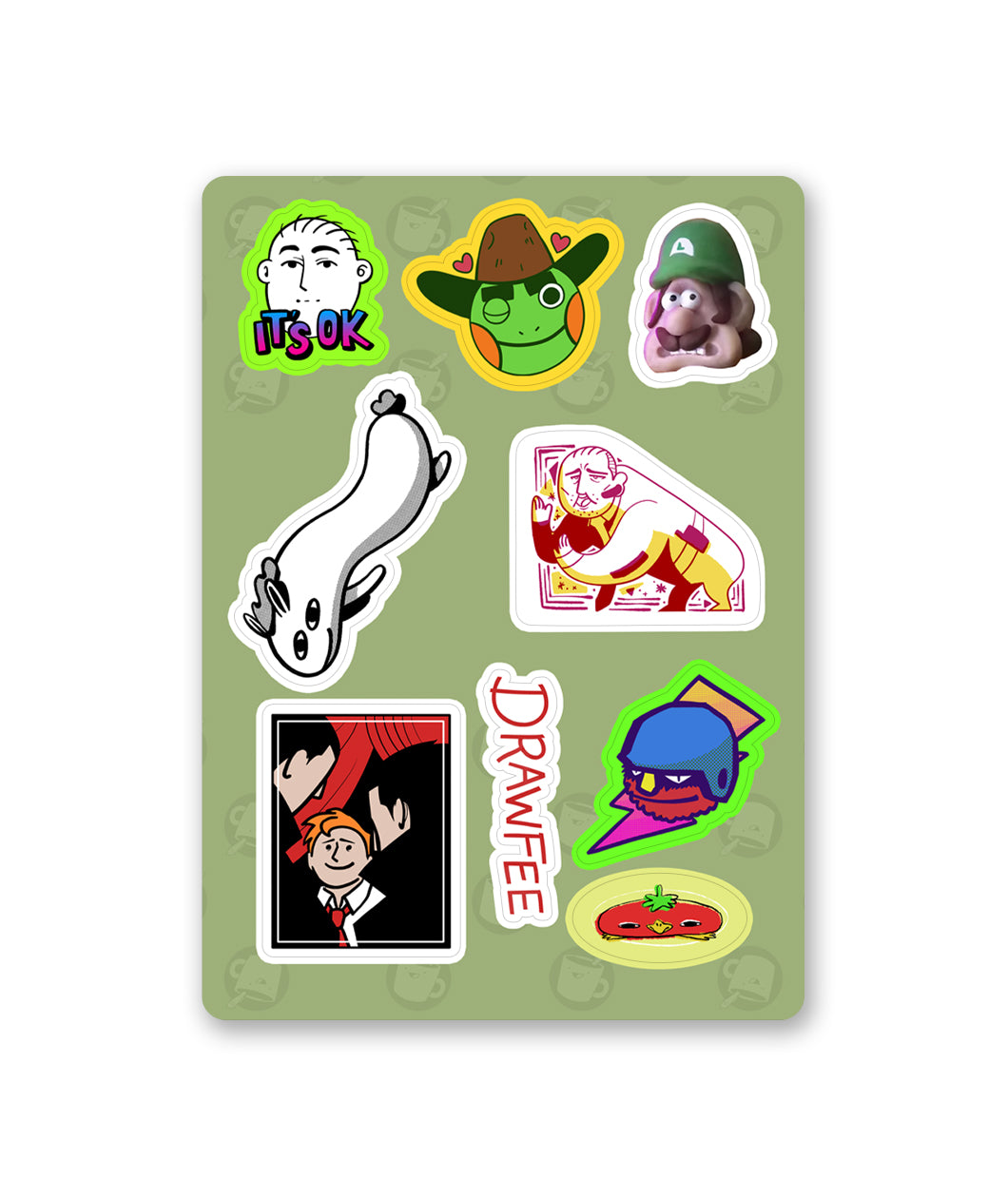 A sticker sheet that features 9 sticker designs and illustrations. The illustrations are all of silly characters from Drawfee.