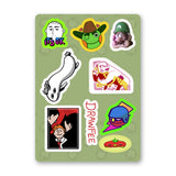 A sticker sheet that features 9 sticker designs and illustrations. The illustrations are all of silly characters from Drawfee.