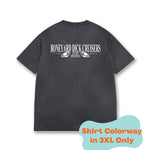 The back view of a faded black t-shirt. The design is text that reads "Boneyard Dick Cruisers" and "Est. 2025, Drawfee." There is a label on the image that says this shirt colorway comes in 3XL only. From Drawfee.