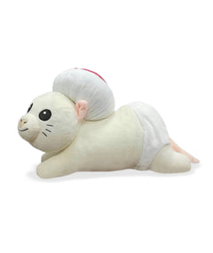 A photo of a mouse plushie with a round hat and a white diaper. The plushie is of Drawfee's character Todd. From Drawfee.