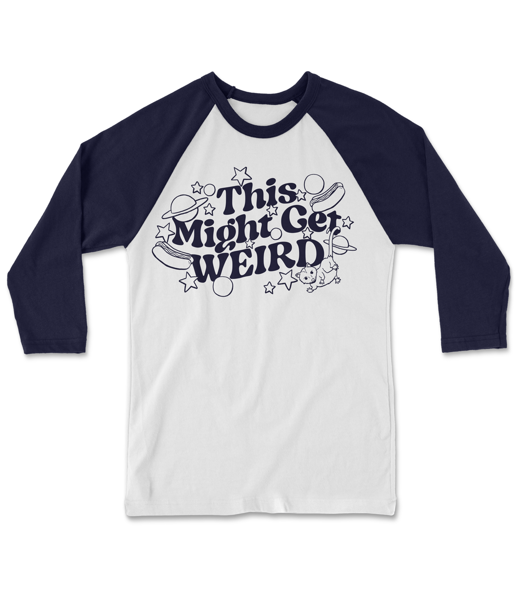 A white baseball tee with dark blue arms and fun, curvy dark blue text that reads 