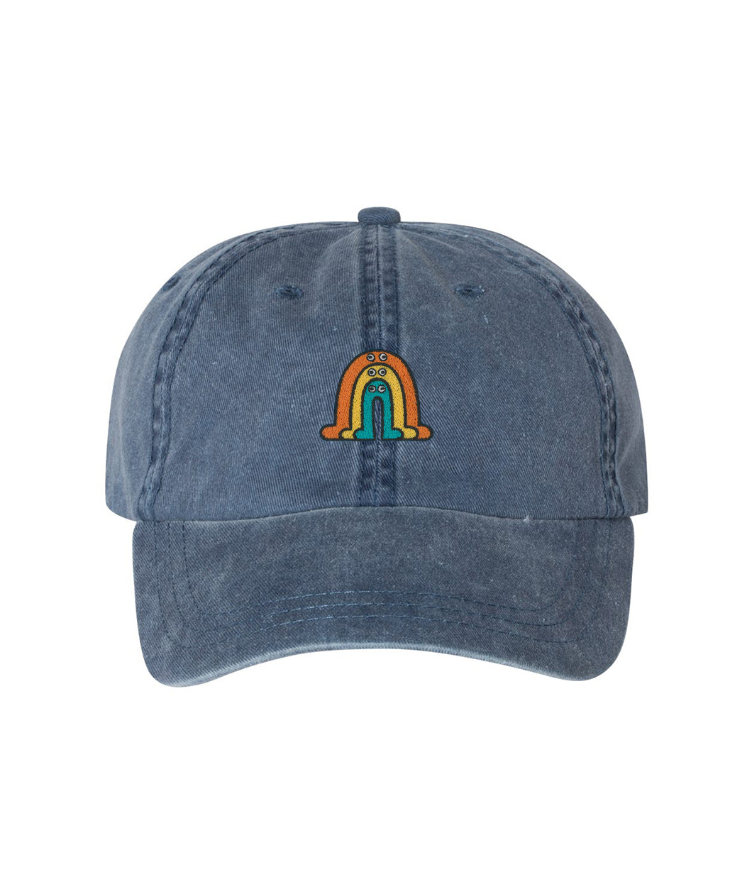 A blue pigment-dyed cap with the Rainbow Gubbins’ design on the front. From Gubbins.