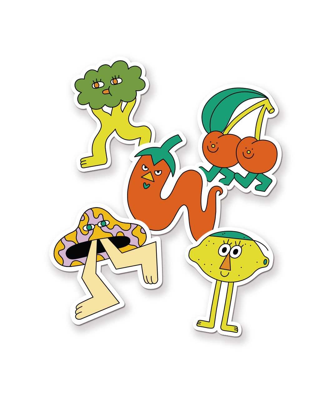 A set of 5 stickers. Each is a design of a Gubbins character. The first is a broccoli character, the second is a cherry character, the third is a pepper character, the fourth is a lemon character, and the fifth is a mushroom character. From Gubbins.