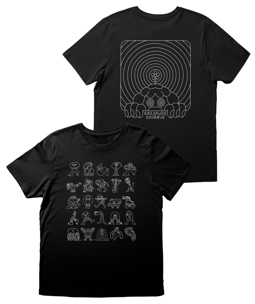 A black t-shirt with a Gubbins’ design on the front and back. The front of the shirt has artwork of many different Gubbins’ characters. The back of the shirt has a large design of a single Gubbins’ character. From Gubbins