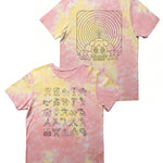 A pink and yellow tie-dye t-shirt with a Gubbins’ design on the front and back. The front of the shirt has artwork of many different Gubbins’ characters. The back of the shirt has a large design of a single Gubbins’ character. From Gubbins.