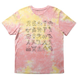 A pink and yellow tie-dye t-shirt with a Gubbins’ design on the front. The front of the shirt has artwork of many different Gubbins’ characters. From Gubbins.