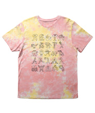 A pink and yellow tie-dye t-shirt with a Gubbins’ design on the front. The front of the shirt has artwork of many different Gubbins’ characters. From Gubbins.