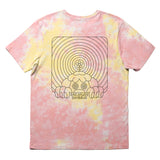 A pink and yellow tie-dye t-shirt with a Gubbins’ design on the back. The back of the shirt has artwork of a single large Gubbin. From Gubbins.