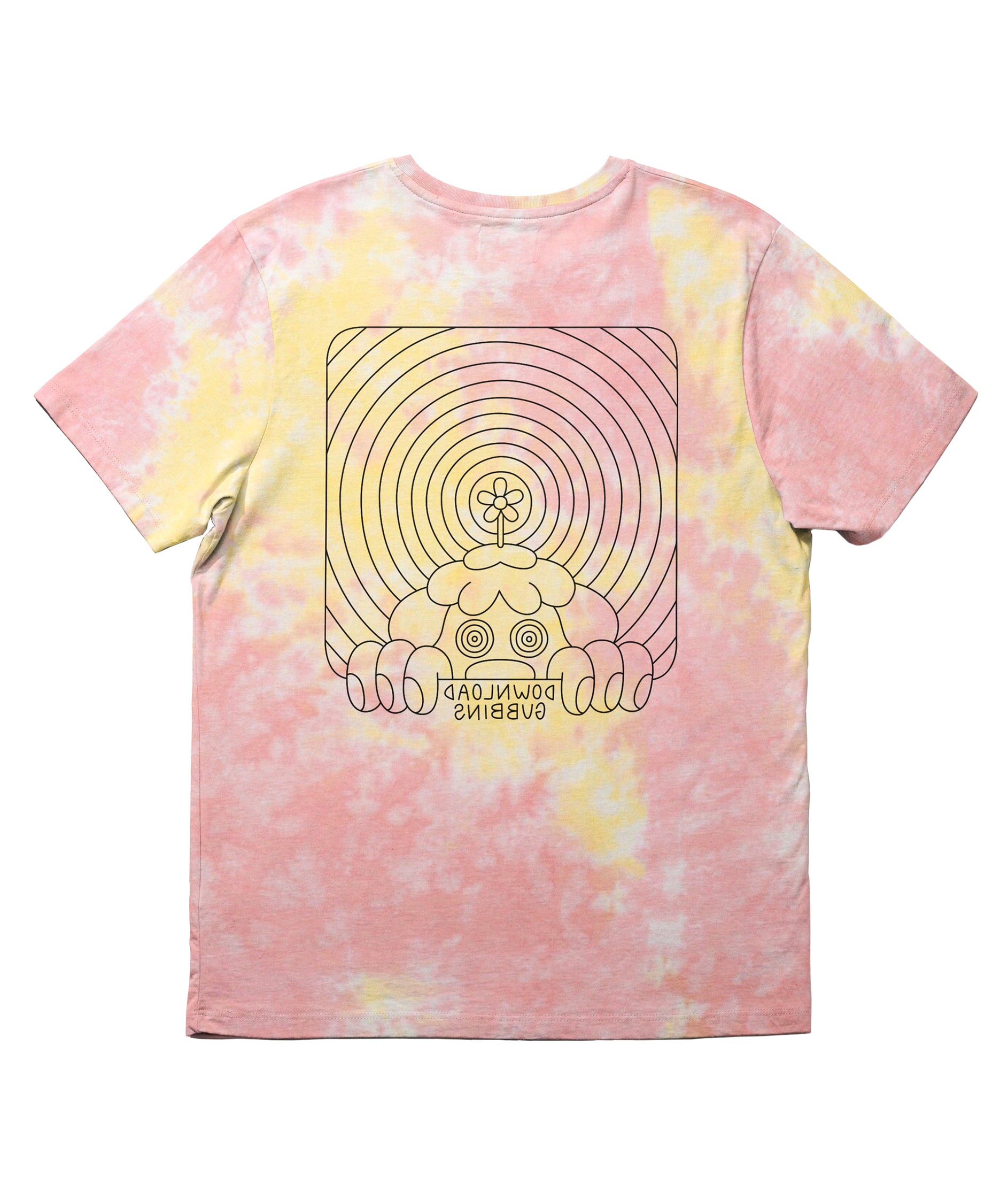 A pink and yellow tie-dye t-shirt with a Gubbins’ design on the back. The back of the shirt has artwork of a single large Gubbin. From Gubbins.