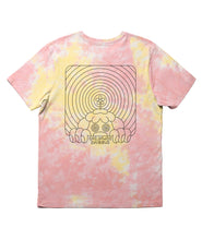 A pink and yellow tie-dye t-shirt with a Gubbins’ design on the back. The back of the shirt has artwork of a single large Gubbin. From Gubbins.