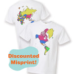 A white t-shirt with a colorful map of the world on the front and the back. Next to the shirt is a bubble of text that says, "Discounted Misprint!" From Johnny Harris.