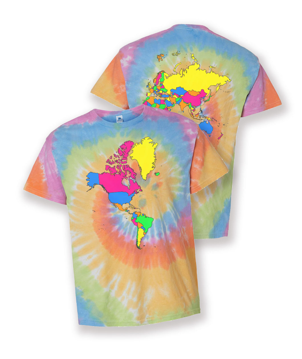 A rainbow tie-dye t-shirt with a colorful map of the world on the front and the back. From Johnny Harris.