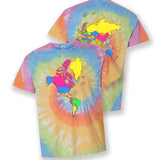 A rainbow tie-dye t-shirt with a colorful map of the world on the front and the back. From Johnny Harris.