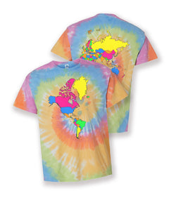 A rainbow tie-dye t-shirt with a colorful map of the world on the front and the back. From Johnny Harris.