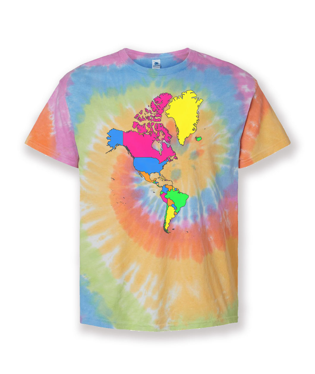 A rainbow tie-dye t-shirt with a colorful map of the Americas on the front. From Johnny Harris.