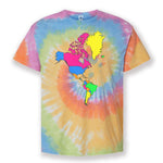 A rainbow tie-dye t-shirt with a colorful map of the Americas on the front. From Johnny Harris.