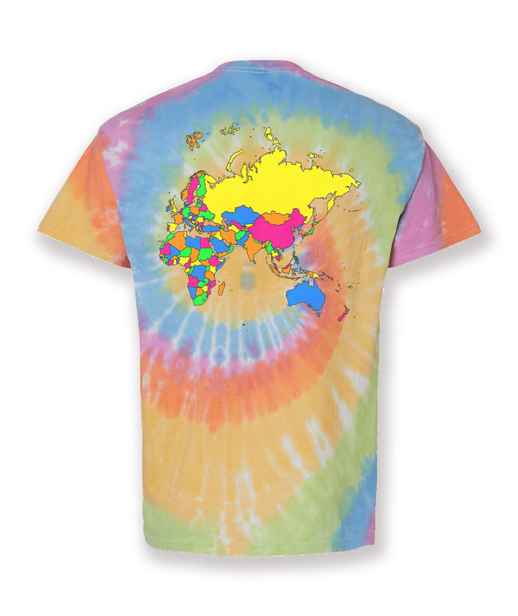 A rainbow tie-dye t-shirt with a colorful map of Africa, Asia, Australia, and Europe on the back. From Johnny Harris.