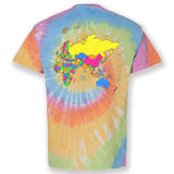 A rainbow tie-dye t-shirt with a colorful map of Africa, Asia, Australia, and Europe on the back. From Johnny Harris.