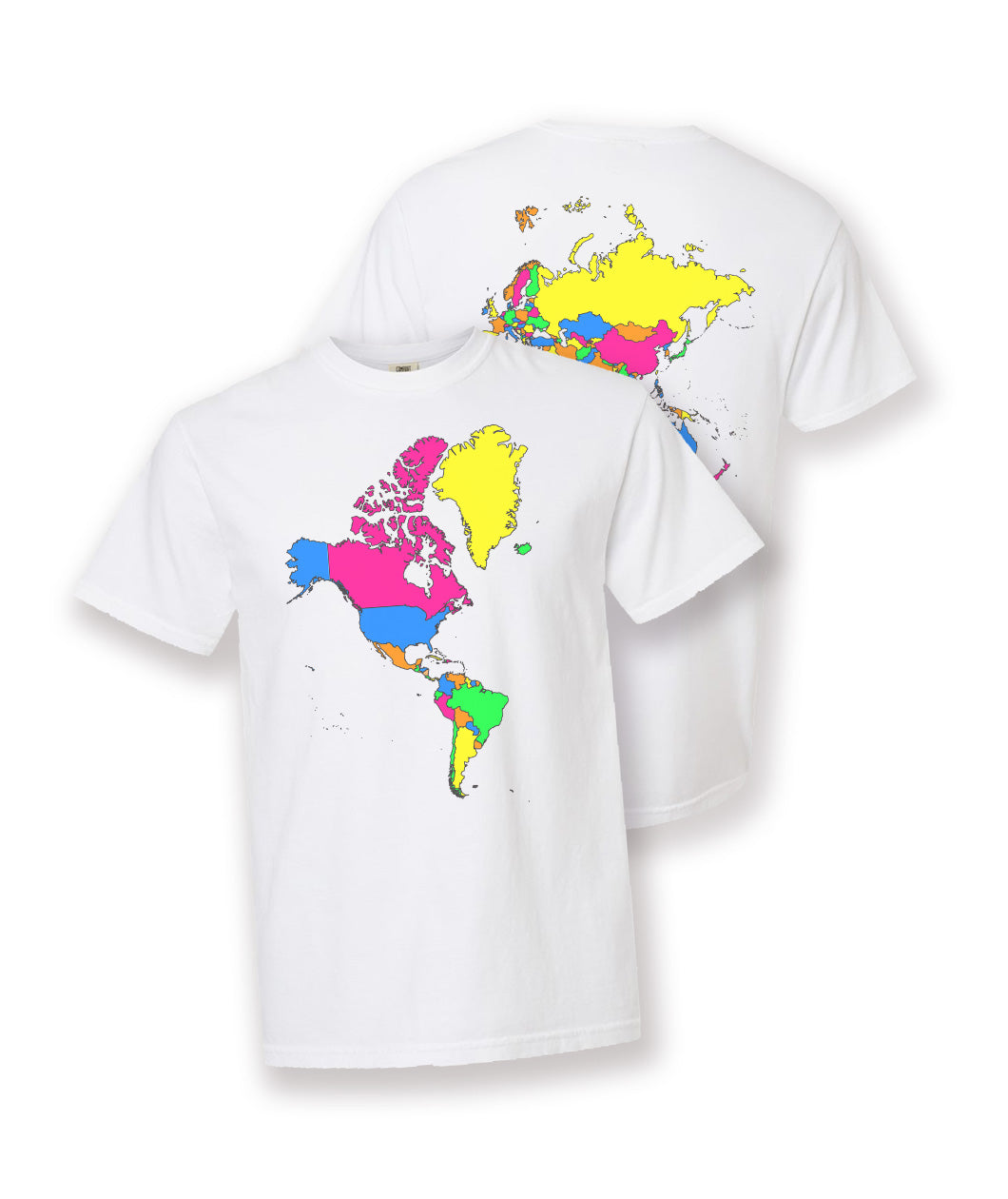 A white t-shirt with a colorful map of the world on the front and the back. From Johnny Harris.