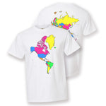 A white t-shirt with a colorful map of the world on the front and the back. From Johnny Harris.