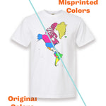 A white t-shirt with a colorful map of the world on the front and the back. The shirt has a line running vertically across to show two different colorways of the shirt design on either side. From Johnny Harris.