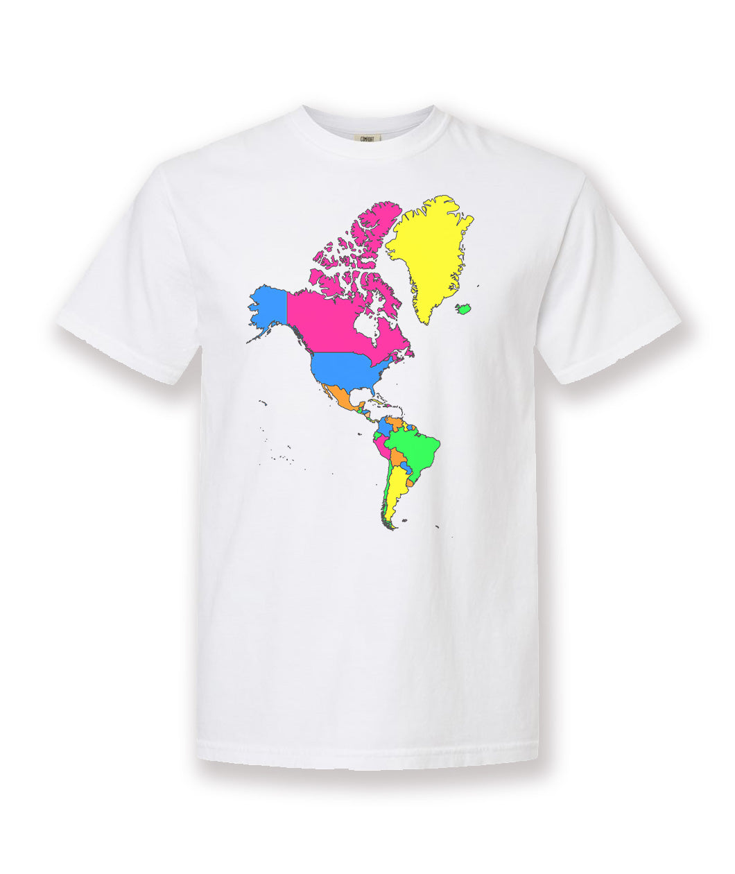 A white t-shirt with a colorful map of the Americas on the front. From Johnny Harris.