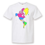 A white t-shirt with a colorful map of the Americas on the front. From Johnny Harris.