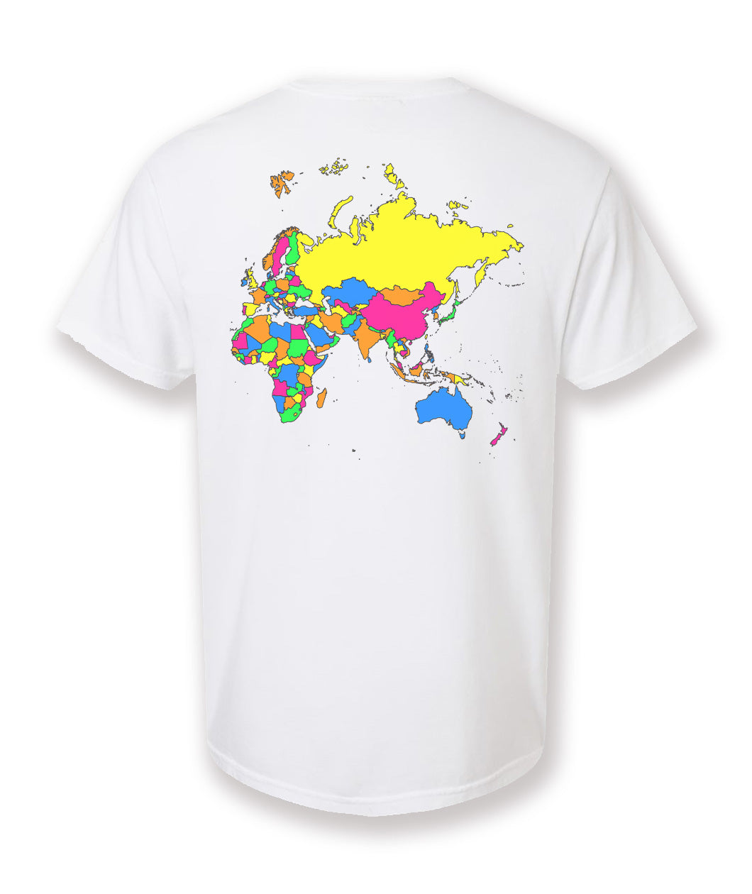 A white t-shirt with a colorful map of Africa, Asia, Australia, and Europe on the back. From Johnny Harris.