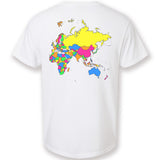 A white t-shirt with a colorful map of Africa, Asia, Australia, and Europe on the back. From Johnny Harris.