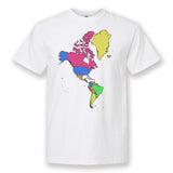 A white t-shirt with a colorful map of the Americas on the front. From Johnny Harris.