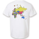 A white t-shirt with a colorful map of Africa, Asia, Australia, and Europe on the back. From Johnny Harris.