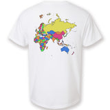 A white t-shirt with a colorful map of Africa, Asia, Australia, and Europe on the back. From Johnny Harris.