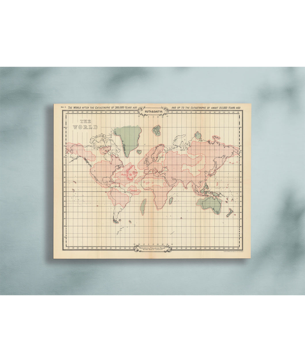 A image of a original map print of Atlantis from William Scott Elliot. The map shows the outlines of Atlantis over a map of the world. The map reads, "Ruta and Daitya". From Johnny Harris.