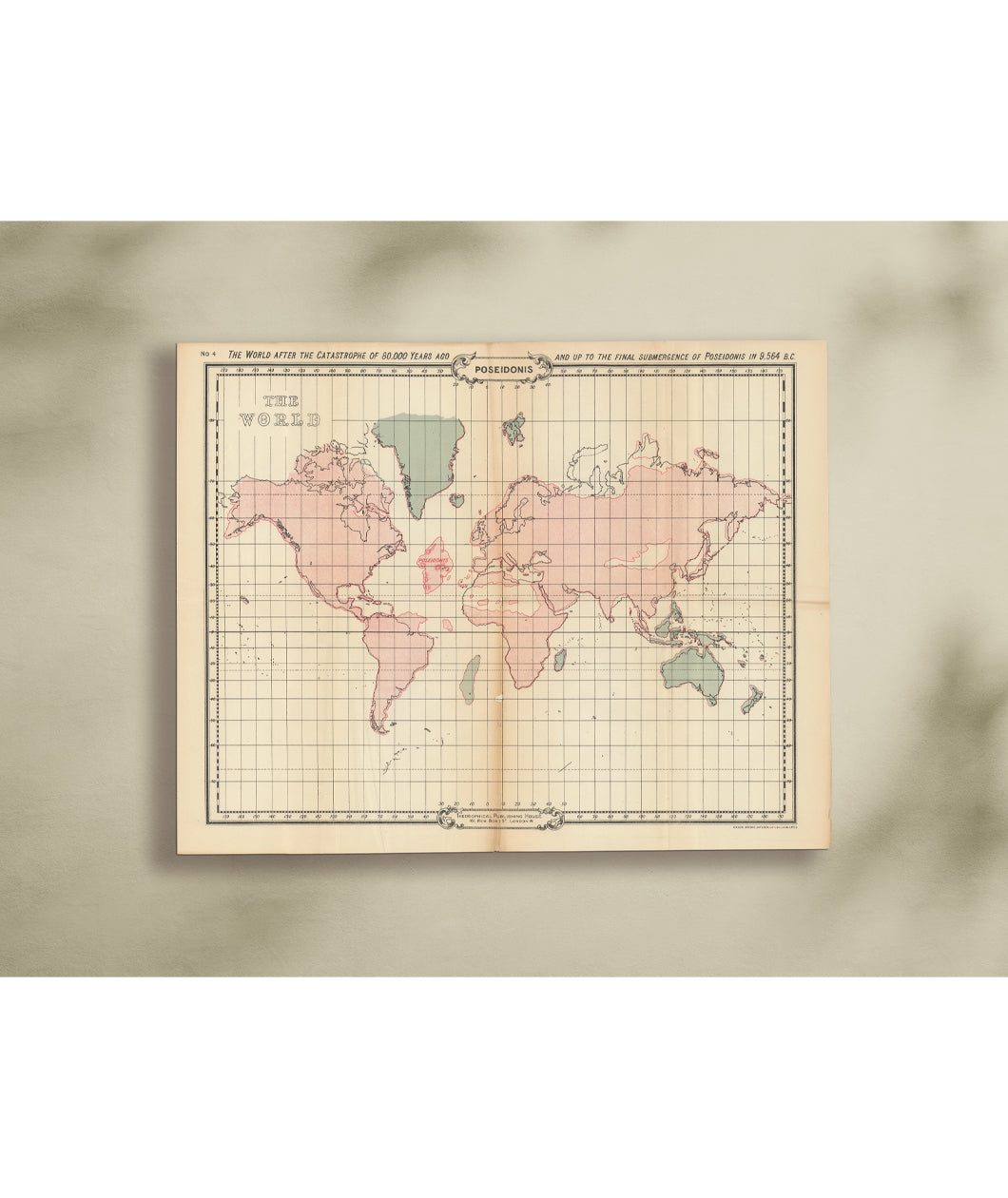 A image of a original map print of Atlantis from William Scott Elliot. The map shows the outlines of Atlantis over a map of the world. The map reads, "Poseidonis". From Johnny Harris.