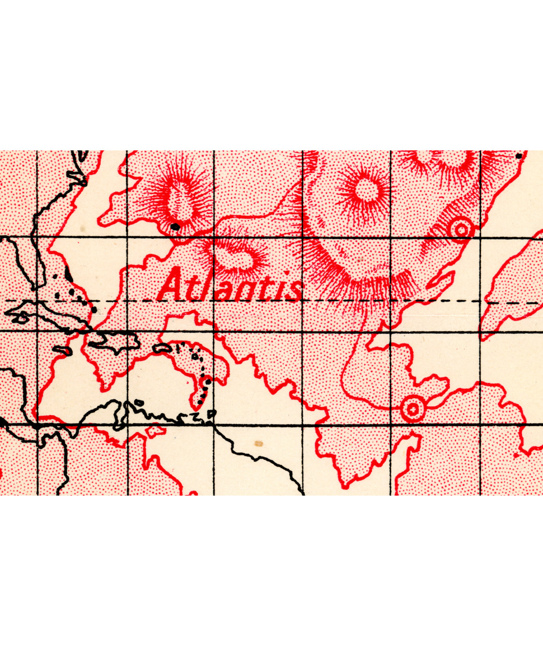 A closeup of the original map print of Atlantis from William Scott Elliot. The closeup focuses on the shape of Atlantis. From Johnny Harris.