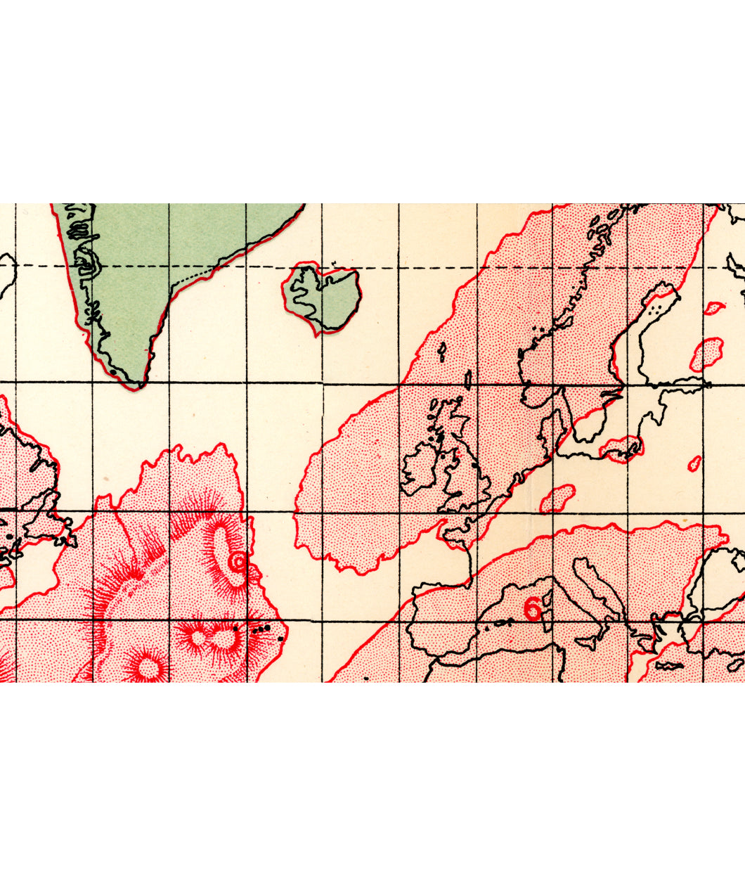 A closeup of the original map print of Atlantis from William Scott Elliot. The closeup focuses on print textures of one of the spots on the map. From Johnny Harris.