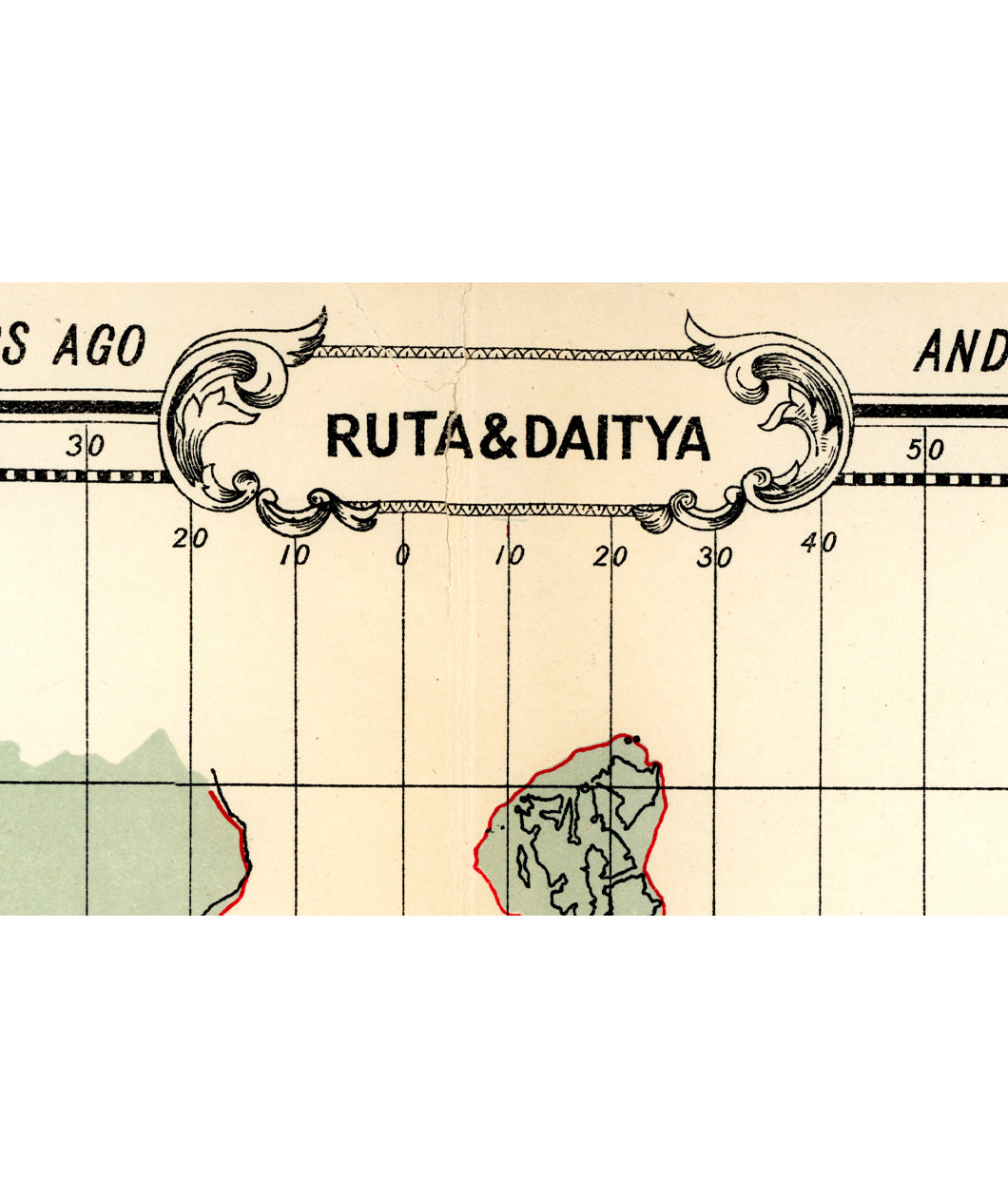 A closeup of the original map print of Atlantis from William Scott Elliot. The closeup focuses on the title of the print, "Ruta & Daitya". From Johnny Harris.