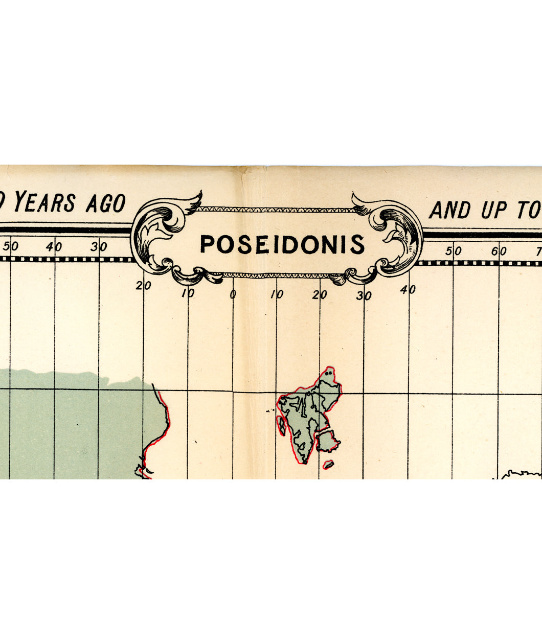 A closeup of the original map print of Atlantis from William Scott Elliot. The closeup focuses on the title of the print, "Poseidonis". From Johnny Harris.