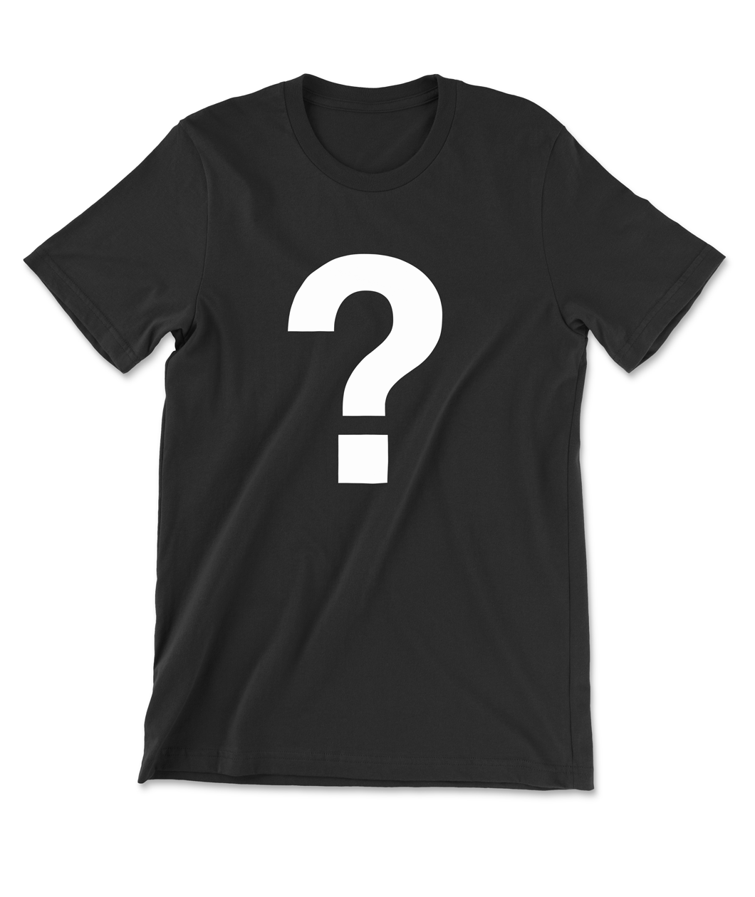 A black t-shirt with a big white question mark on the front representing the Mars Heyward mystery shirt sale. 