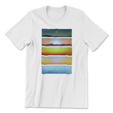 A white t-shirt with a design on the front of a solar eclipse seen from the point of view of several planets. From MinuteEarth.