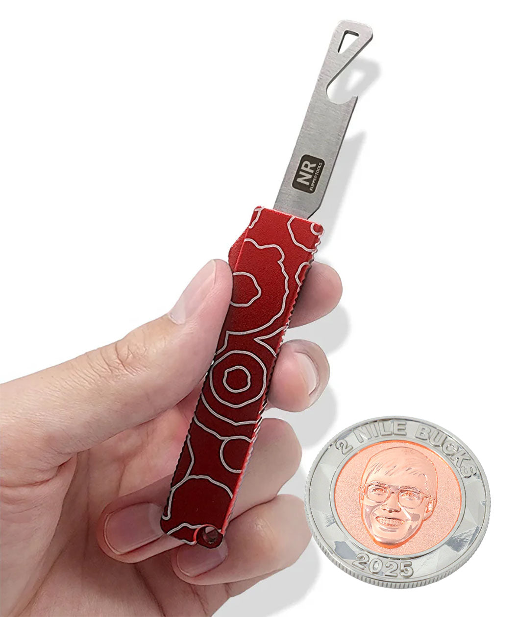A hand holding an open red bottle opener. To the side is a coin with an image of Nigel from NileRed and the text "2 Nile Bucks; 2025" with a diamond fractal pattern.