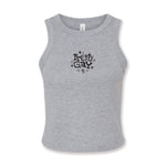 A cropped gray tank top with text that reads "Pretty Gay" and has little star illustrations around it. From Pretty Gay.
